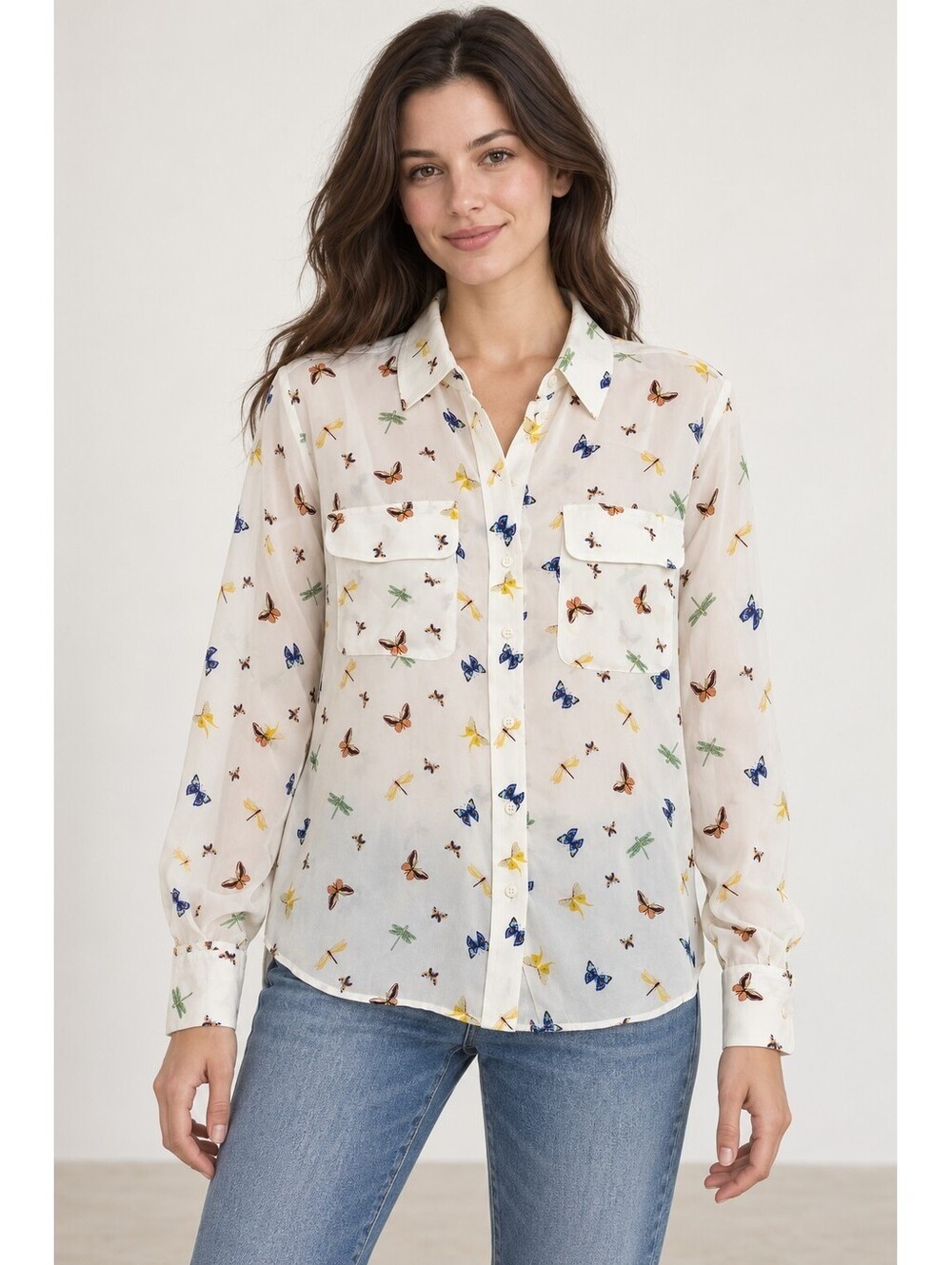 A Loves A Blouse Womens XS 100% Silk Butterfly Dragonfly Button Shirt NWT